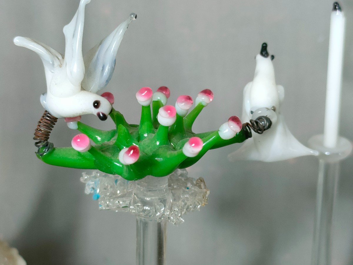 Spun Glass Nevers 18th Century Birds Candlesticks Dog..reliquary Diorama Cell 18th-photo-3