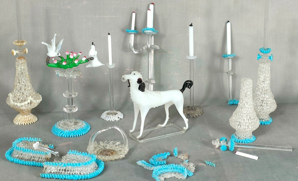 Spun Glass Nevers 18th Century Birds Candlesticks Dog..reliquary Diorama Cell 18th