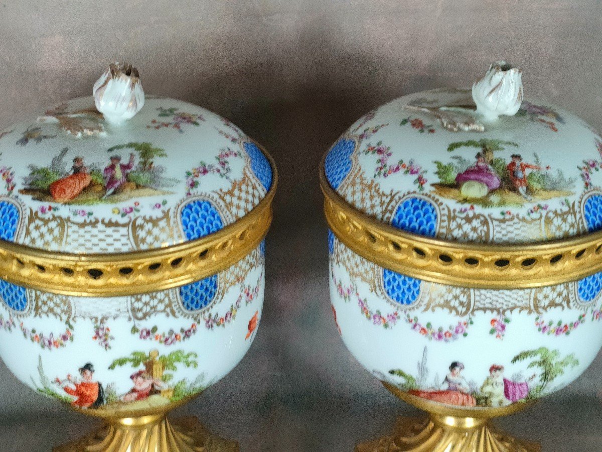 Pair Covered Cup Pot Pourri Meissen? Samson? Gilt Bronze 19th XIXth-photo-2