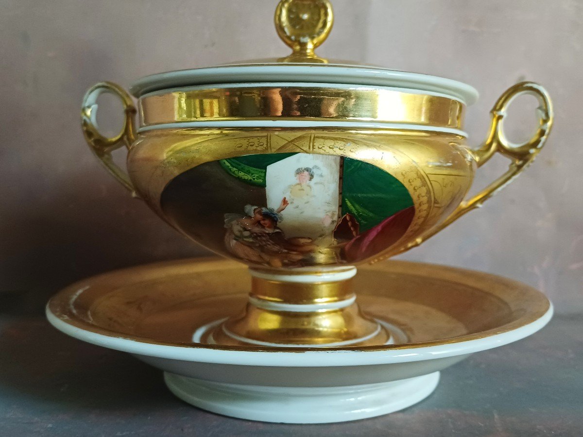 Drageoir Bouillon Porcelain Gilded And Polychrome Painted Decor Empire Romantic Period-photo-3