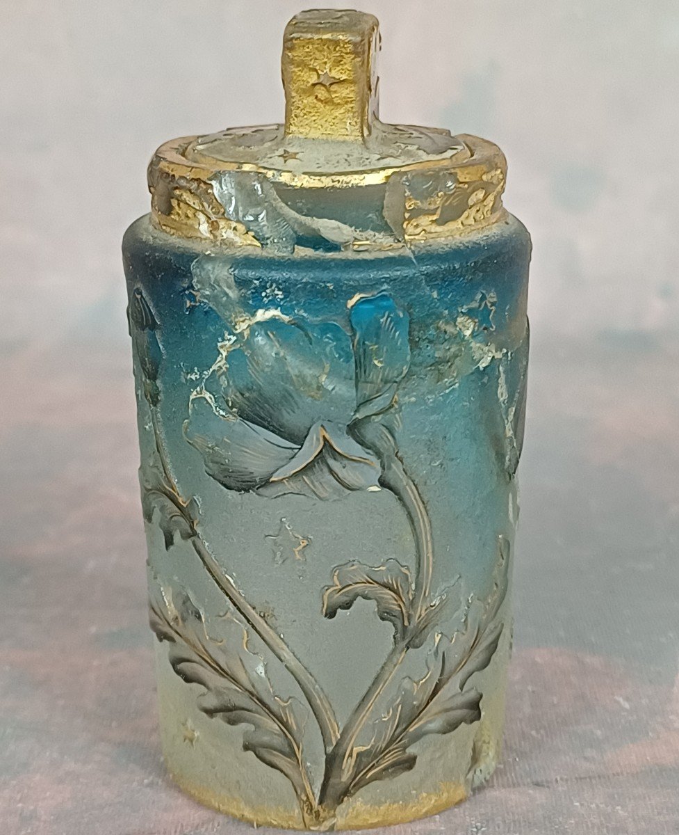 Daum Paris Blue Frosted Crystal Acid Etched Bottle