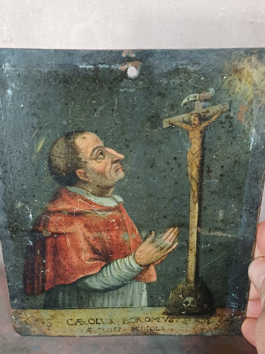 18th Century Copper Painting St Charles Borromeo-photo-3