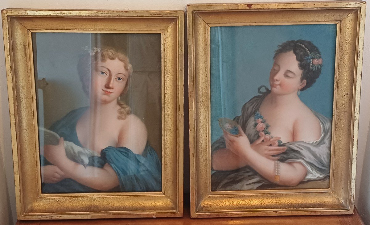 Pair Of Portraits Of Young Women Pastel