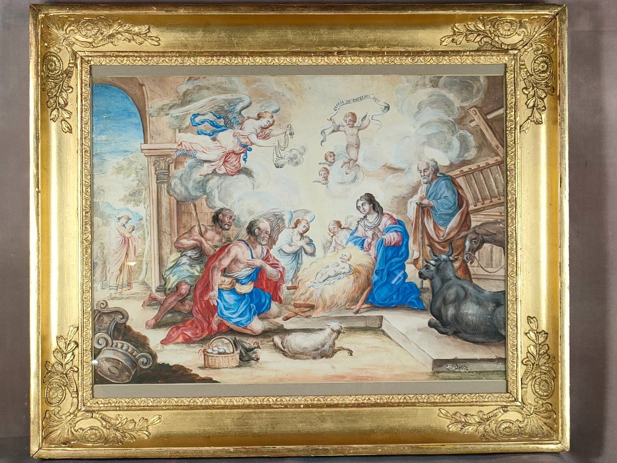 Noel Nativité Crêche Gouache 18ème XVIIIème