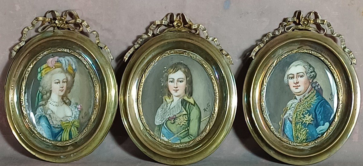 Suite Of 3 Miniatures Louis XVI Marie Antoinette And The Dauphin Louis XVII