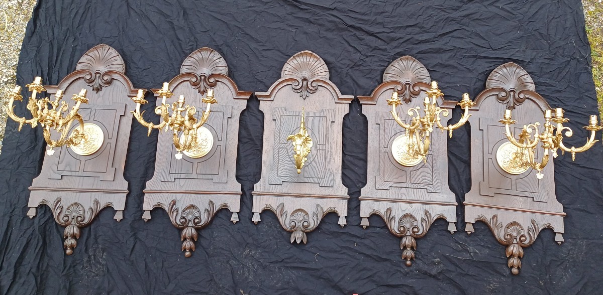 Set Of Candlesticks And Wall Lights Gilded Bronze Chandelier For Church Castle