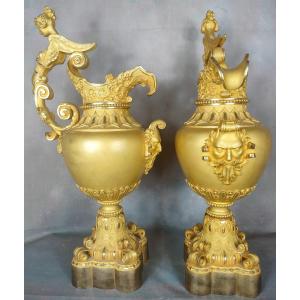 Pair Gilded Bronze Ewer Vase Neo-gothic Decor