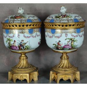 Pair Covered Cup Pot Pourri Meissen? Samson? Gilt Bronze 19th XIXth