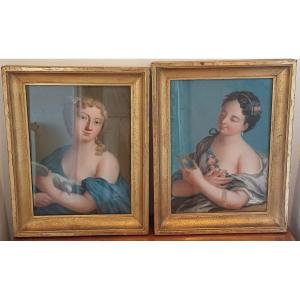 Pair Of Portraits Of Young Women Pastel