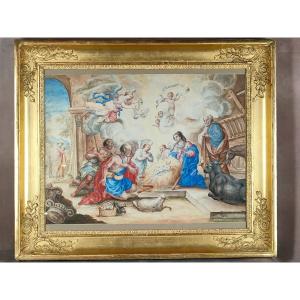 Christmas Nativity Crib Gouache 18th XVIIIth