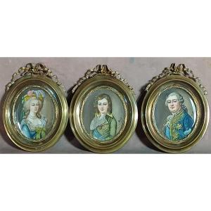 Suite Of 3 Miniatures Louis XVI Marie Antoinette And The Dauphin Louis XVII