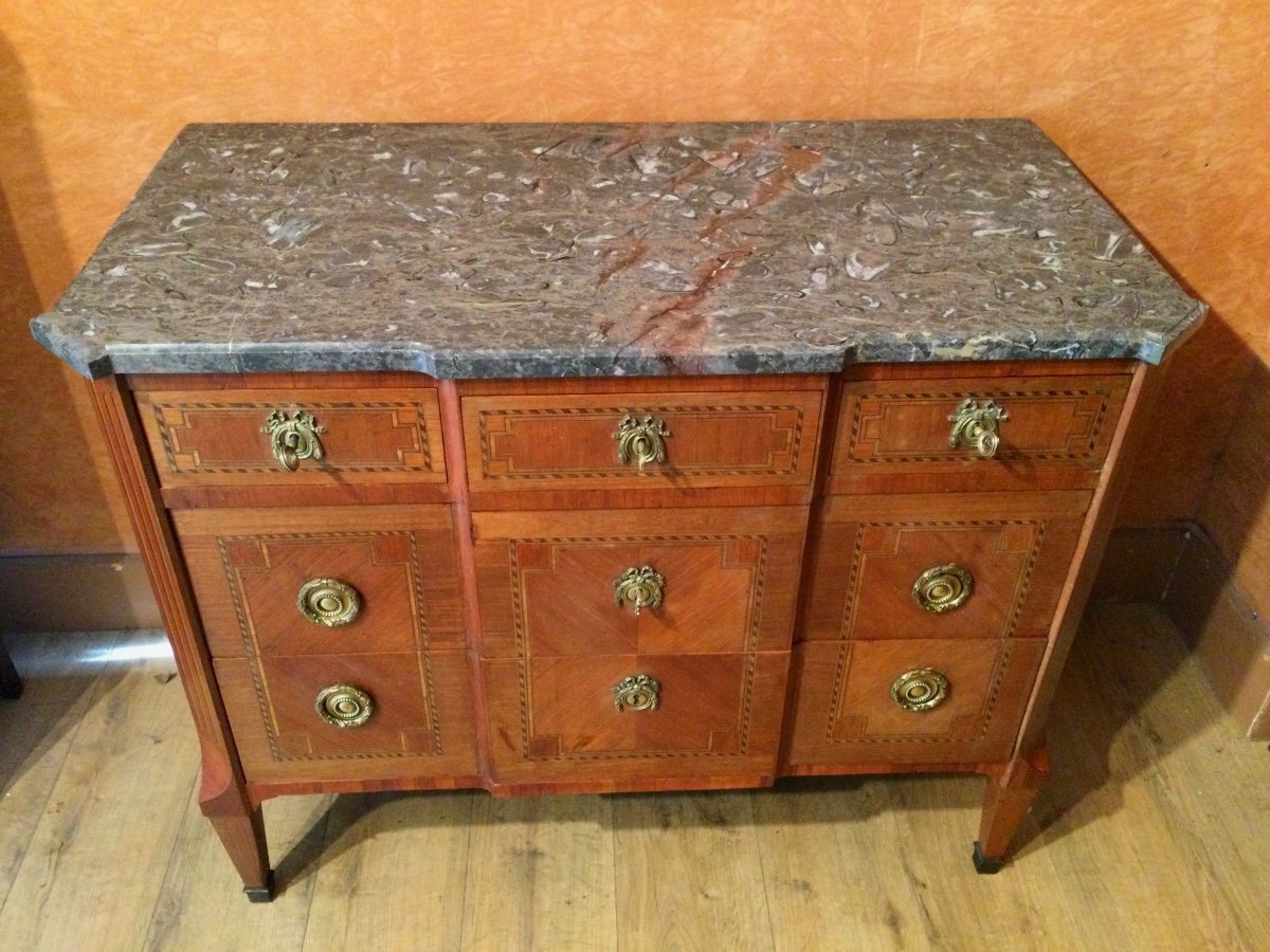 A Louis XV - Louis XVI Transition Style Marquetry Chest Of Drawers