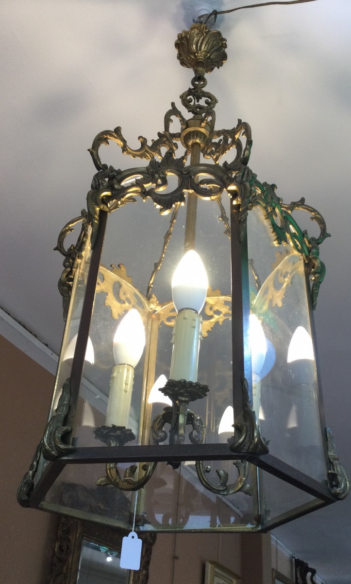 A Three-light Gilt Bronze And Brass Lantern