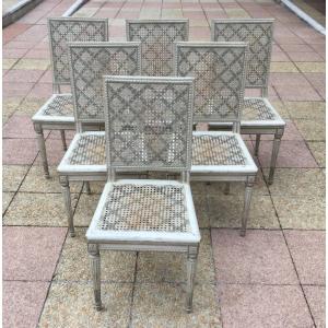 Suite Of Six Louis XVI Cane Chairs In Rechampi Wood. 