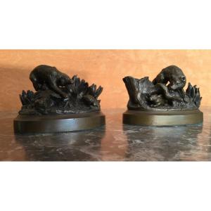 Deux Tout   Petits  Bronzes Animalier Et Vènerie