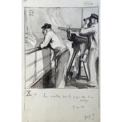 Charles Fouqueray (1869-1956 ) crayon et lavis canon de 47 de marine modèle 1885