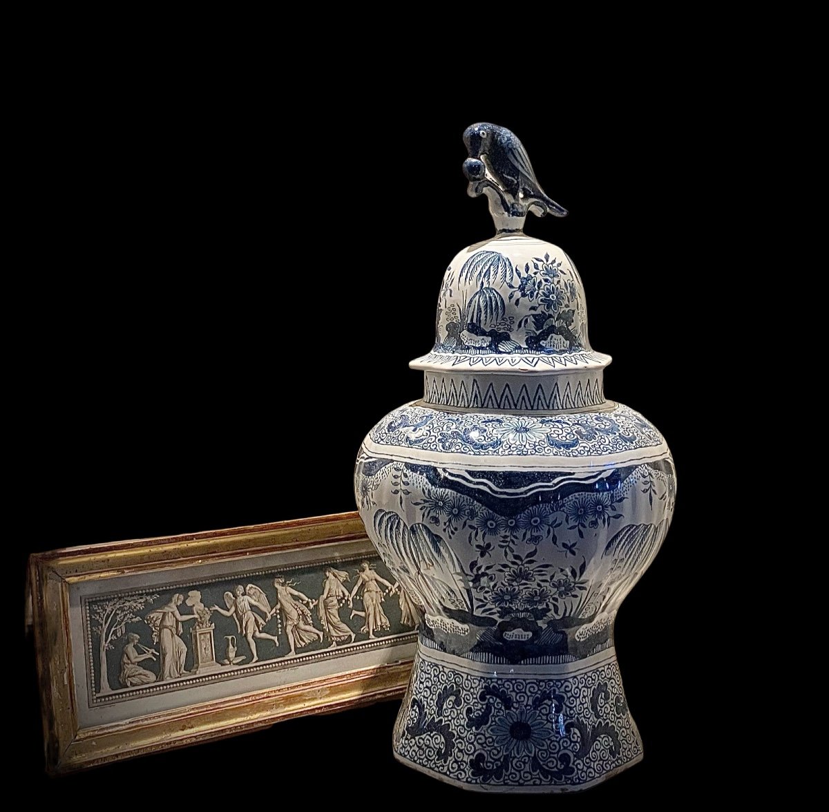 Large Delft Blue And White Porcelain Baluster Covered Vase. 19th Century -photo-2