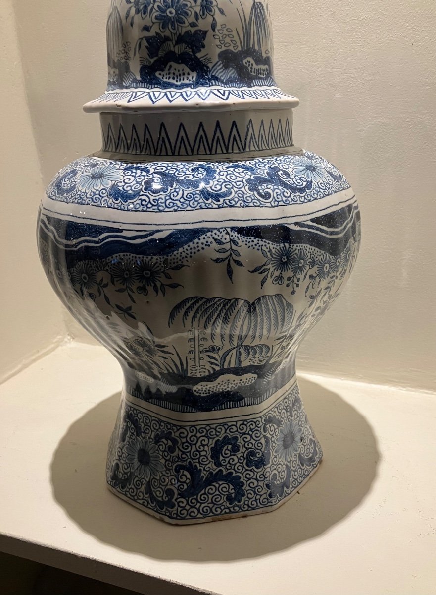 Large Delft Blue And White Porcelain Baluster Covered Vase. 19th Century -photo-1