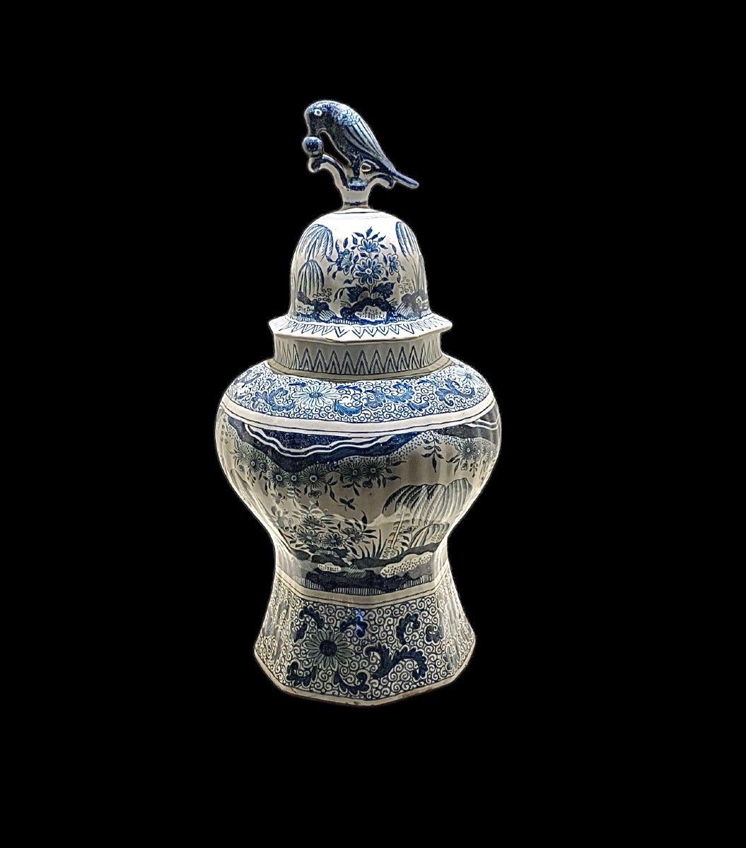 Large Delft Blue And White Porcelain Baluster Covered Vase. 19th Century 