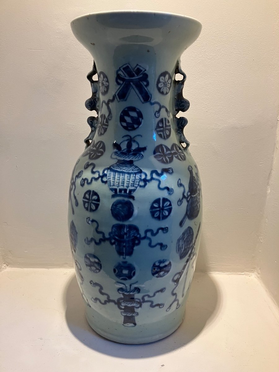 China Porcelain Baluster Vase With Celadon And Blue Enamel Decor Mid 19th Century -photo-2