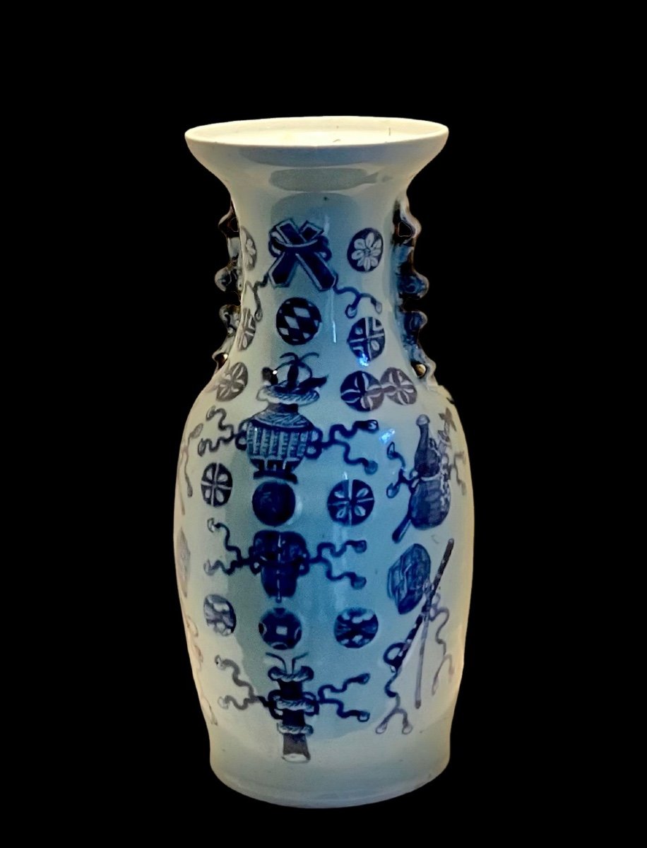 China Porcelain Baluster Vase With Celadon And Blue Enamel Decor Mid 19th Century 