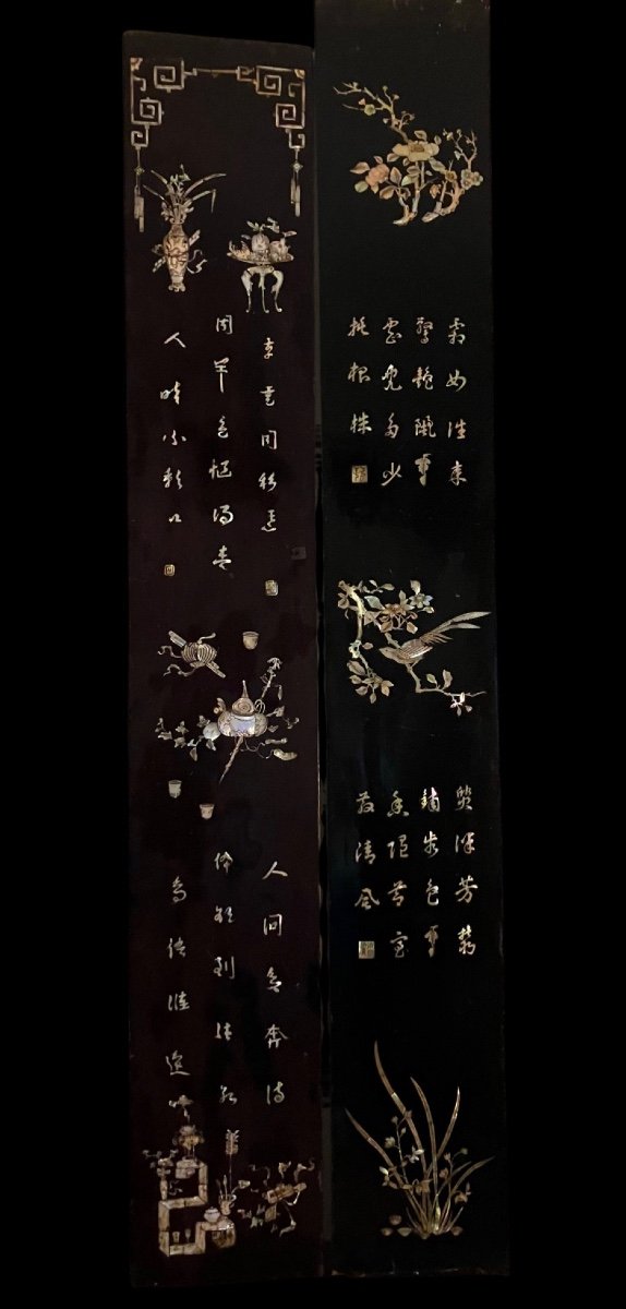 Two Decorative Panels With Indochinese Mother-of-pearl Inlaid Decor, Late 19th Century 