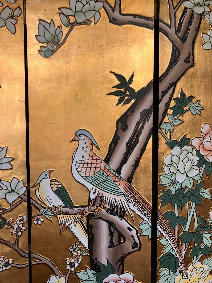 Chinese Golden Screen 4 Panels Circa 1970-photo-1