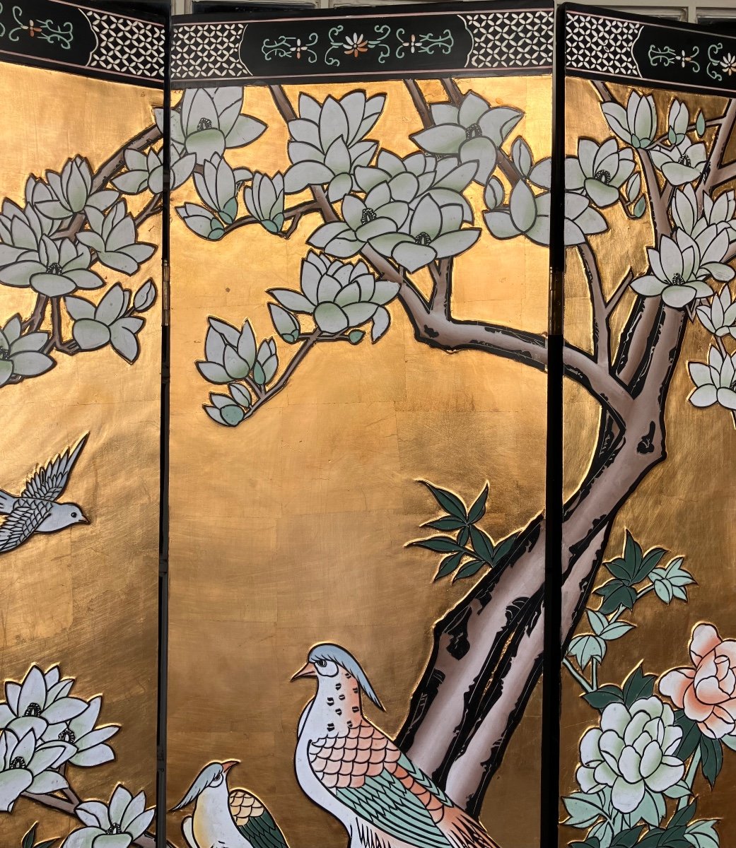 Chinese Golden Screen 4 Panels Circa 1970-photo-2