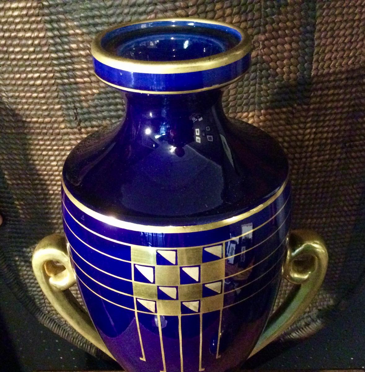 Covered Vase Cobalt Blue Pinon-heuze Circa 1930-photo-1