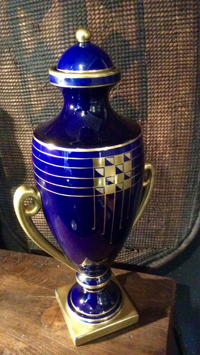 Covered Vase Cobalt Blue Pinon-heuze Circa 1930-photo-5
