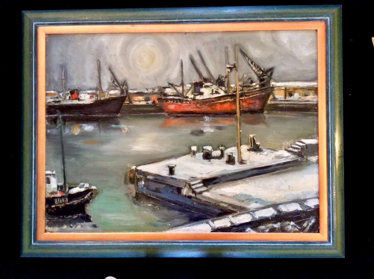 Huile Sur Panneau "Port Marchand sous la Neige "