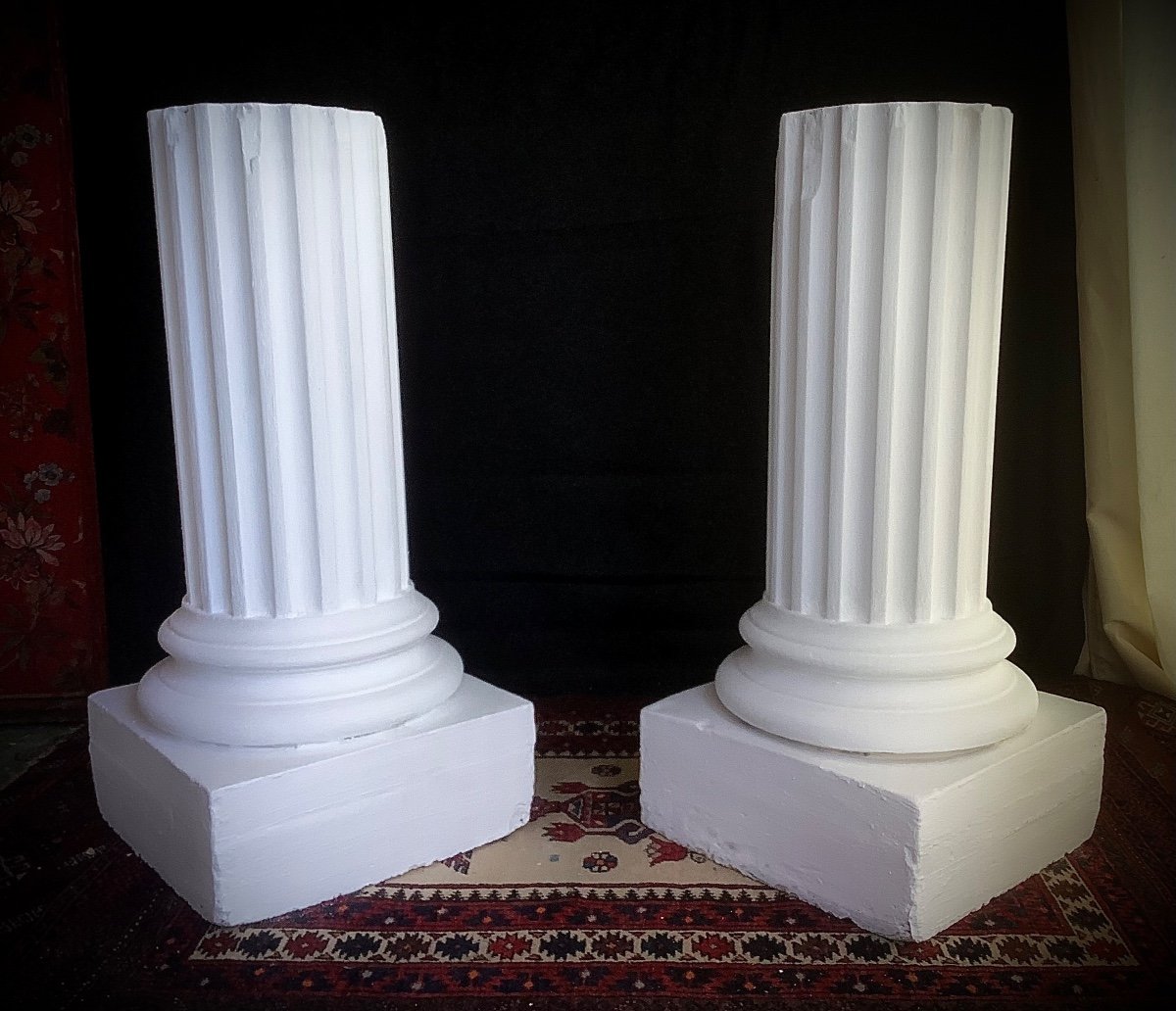 Pair Of Fluted Columns In Ionic Style Plaster Late XIX Eme-photo-2