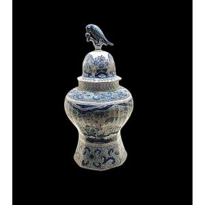 Large Delft Blue And White Porcelain Baluster Covered Vase. 19th Century 