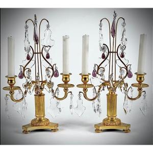 Pair Of Louis XVI Style Lyre Candelabra In Gilt Bronze Signed Linke 