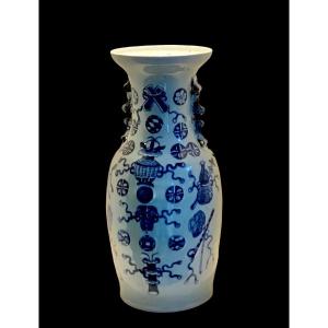 China Porcelain Baluster Vase With Celadon And Blue Enamel Decor Mid 19th Century 