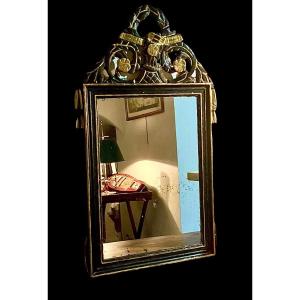 Louis XVI Period Pediment Mirror, Black And Gold Lacquer.