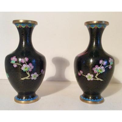 Pair Of Chinese Cloisonne Copper Vase Middle XX Eme