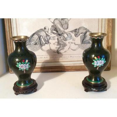 Pair Of Copper Chinese Vases Cloisonné Middle XX Eme