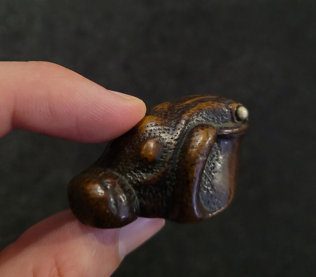 Netsuke -  Toad With Silver Metal Eyes - Wood -photo-2