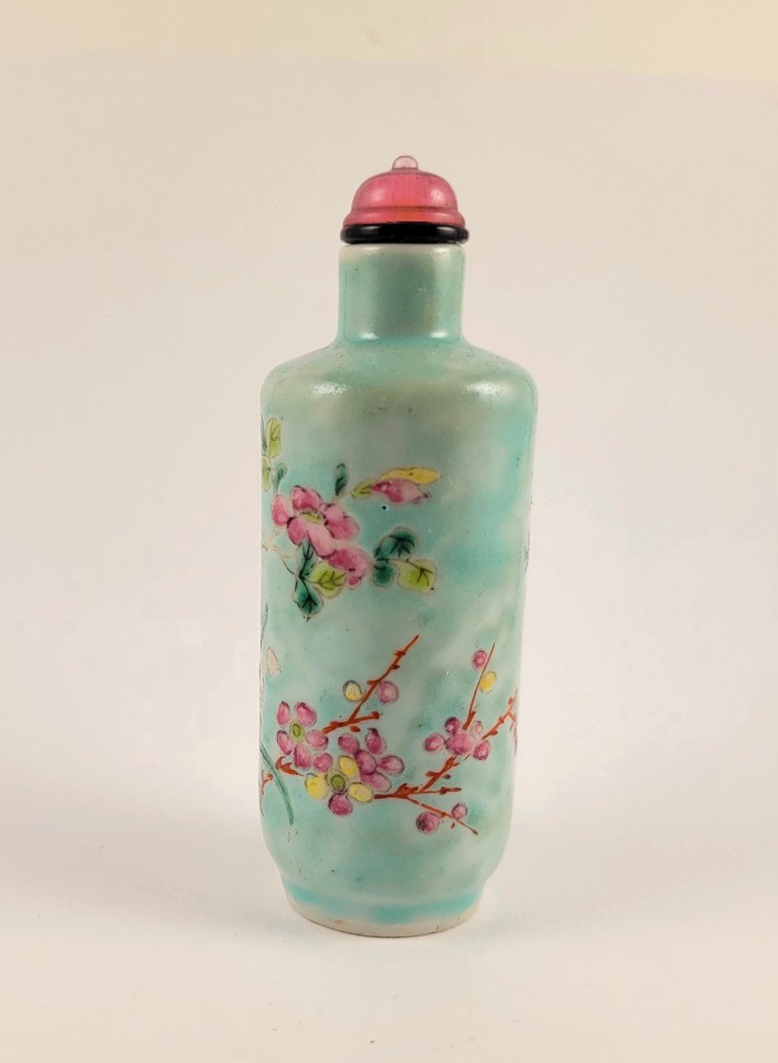 Chinese Turquoise Porcelain Snuff Bottle Decorated With Flowering Branches-photo-3