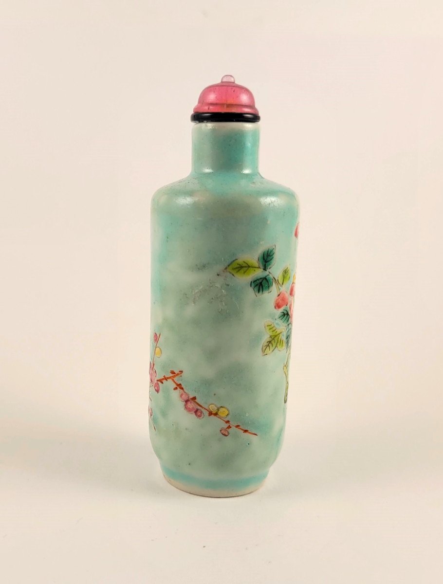 Chinese Turquoise Porcelain Snuff Bottle Decorated With Flowering Branches-photo-4