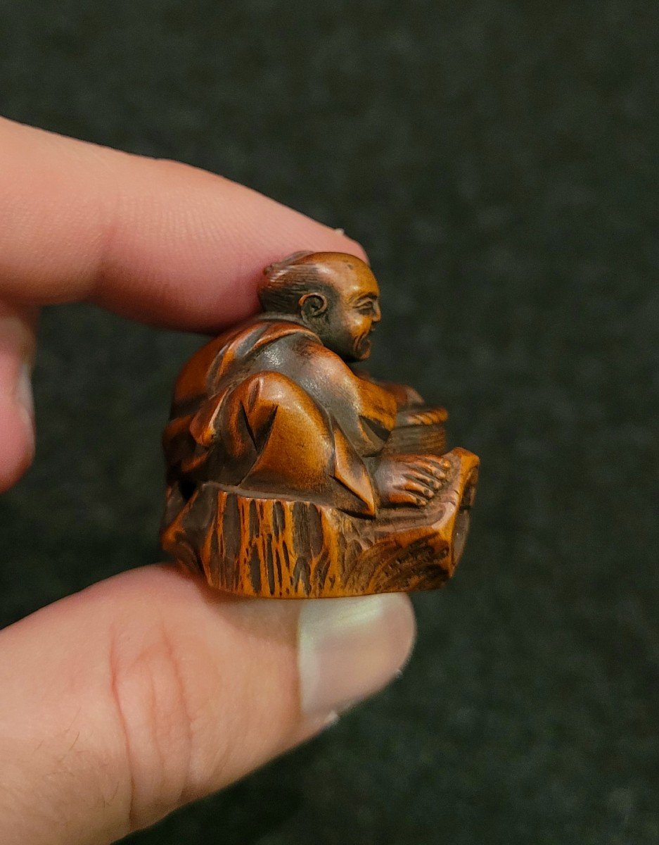 Netsuke - Hana Saka Ji-ji-i - Wood - 19th Century-photo-2