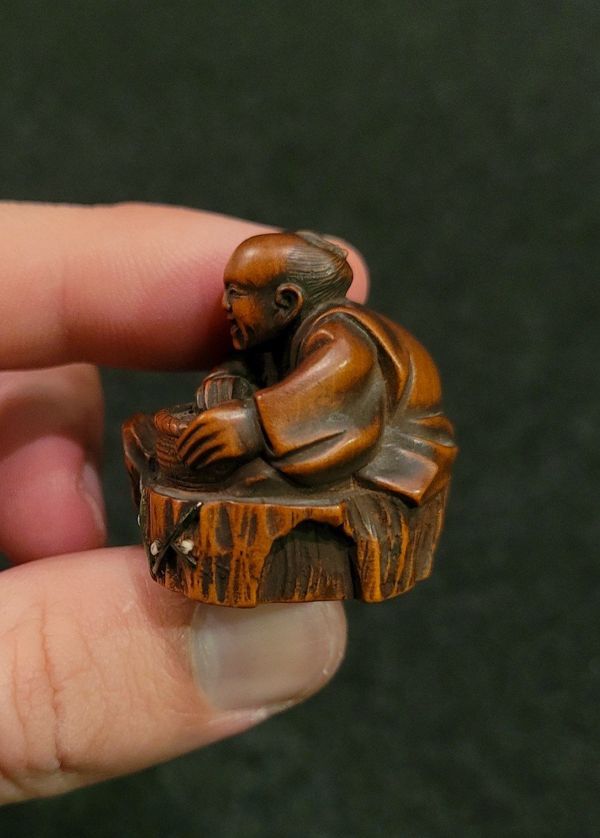 Netsuke - Hana Saka Ji-ji-i - Wood - 19th Century-photo-4