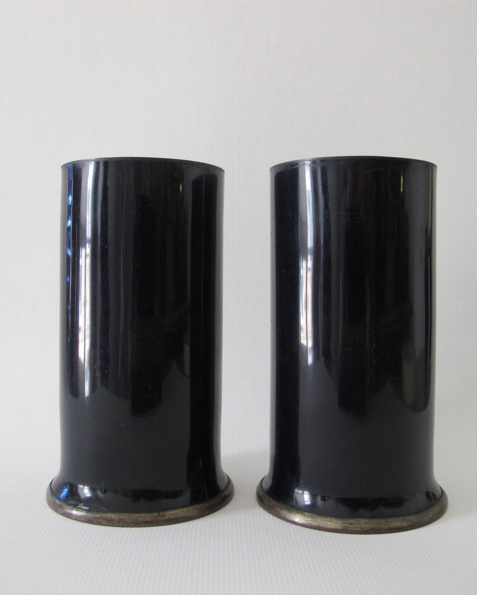 Pair Of Cylindrical Vases In Copper And Cloisonné Enamels With Iris Decor.-photo-4