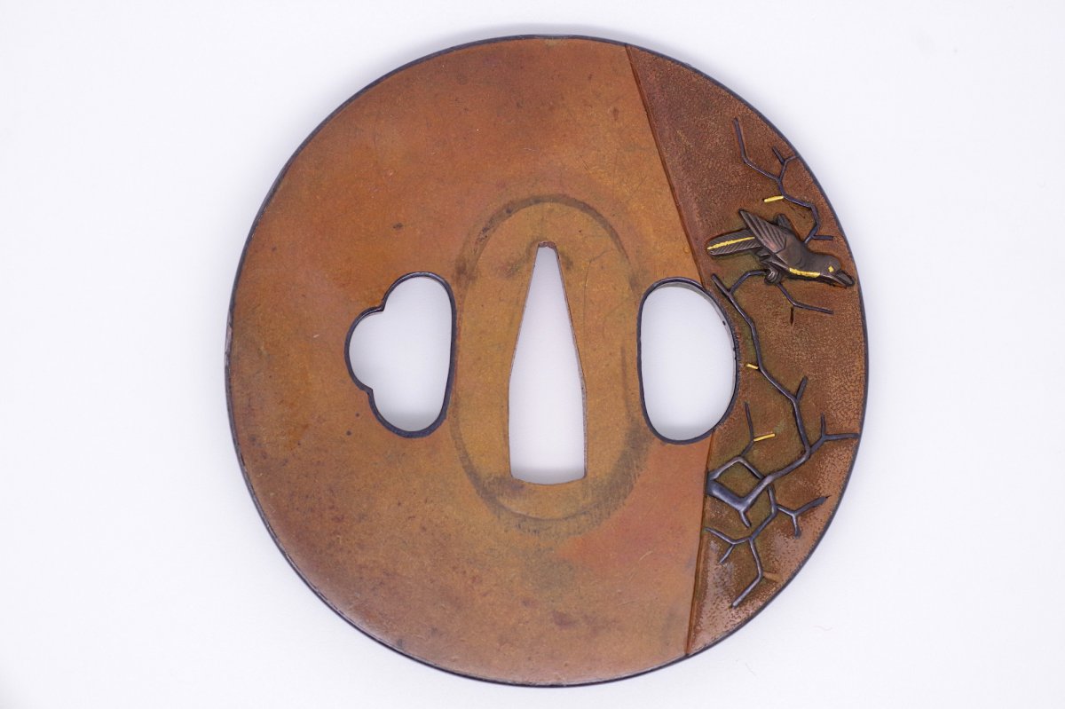 Tsuba En Cuivre, Bronze Et Or Décorée d'Oiseaux, Japon, Fin Edo-photo-2