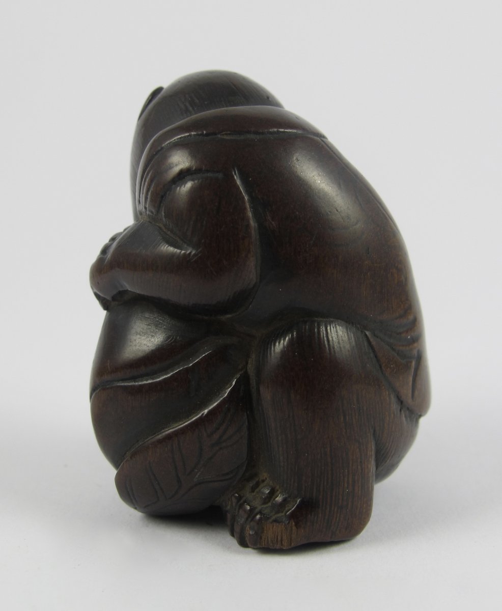 Netsuke En Bois - Singe Et Pêche-photo-2