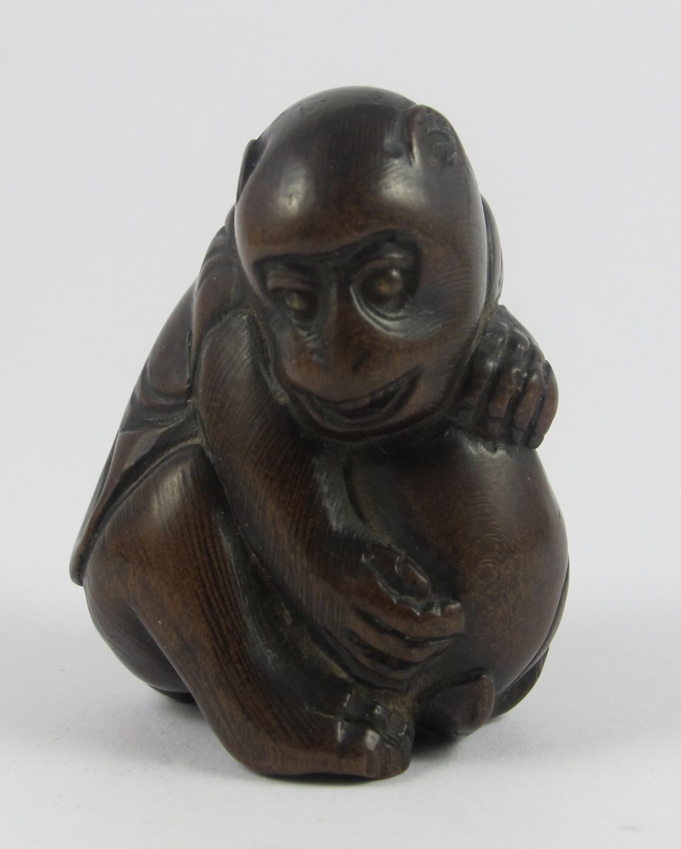 Netsuke En Bois - Singe Et Pêche