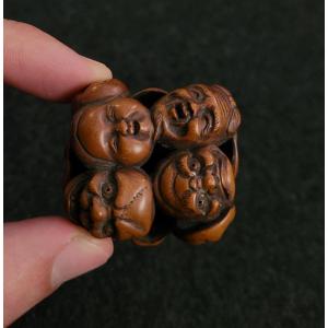 Netsuke - Groupe De Masques De Théâtre Japonais - Bois