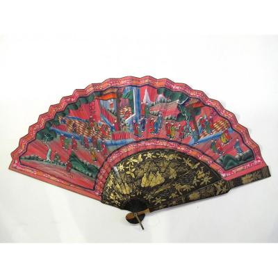 Large Cantonese Asymmetrical Hand Fan, Lacquer Wood, China, 19th Century