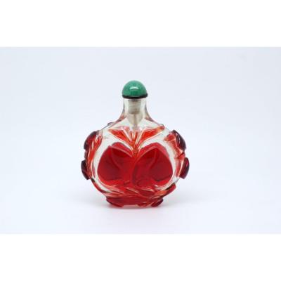 Chinese Snuff Bottle Glass Overlay Red On Transparent Background, Peaches Decor, 19th China